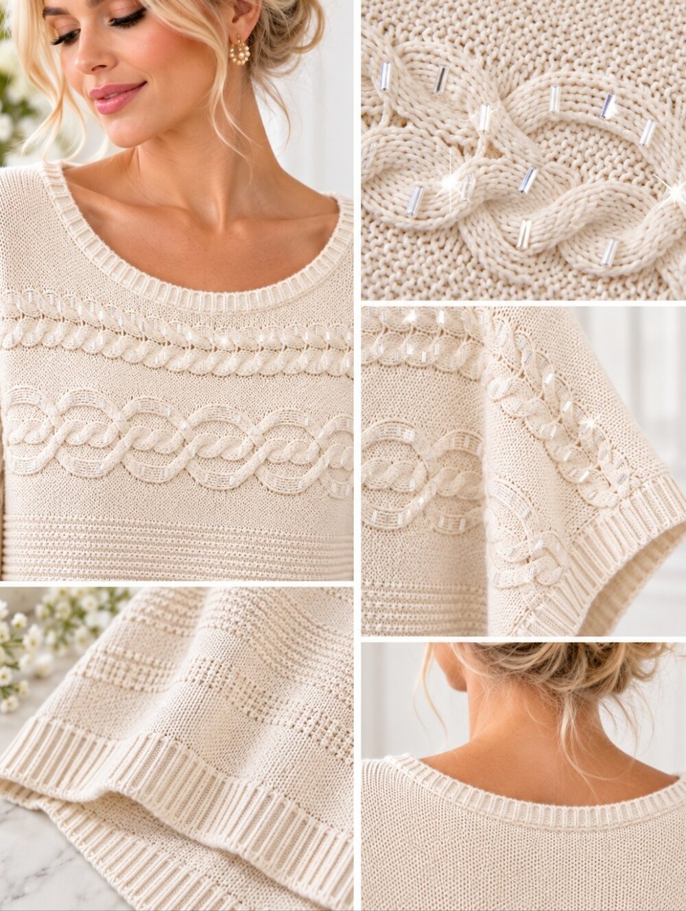 New York & Company Ivory Embellished Textured Knit Sweater | Size XS - Picture 4 of 9